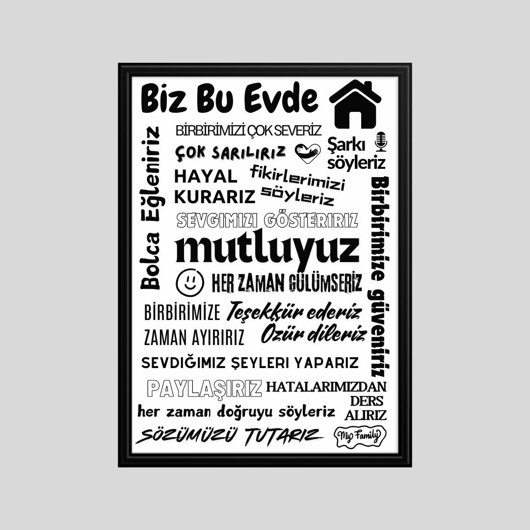 Bu Evde Her Zaman Gülümseriz Yazısı (Siyah Çerçeve Görünümlü) Beyaz Zemin Siyah Yazılı 40x55 PVC 1mm  